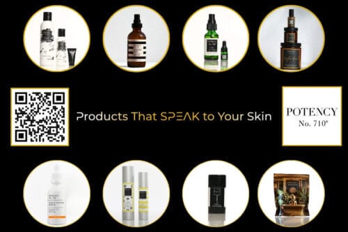 Skincare products by Potency No. 710, featuring a variety of bottles and packaging, promoting 30% off sitewide with code Potency30.